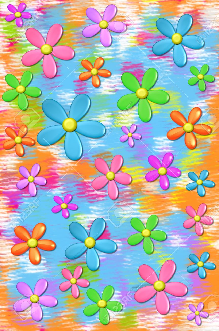 3D daisies float on a background of muted colors in aqua, orange and hot pink. - 14922780 3D daisies float on a background of muted colors in aqua, orange and hot pink. - 14922780