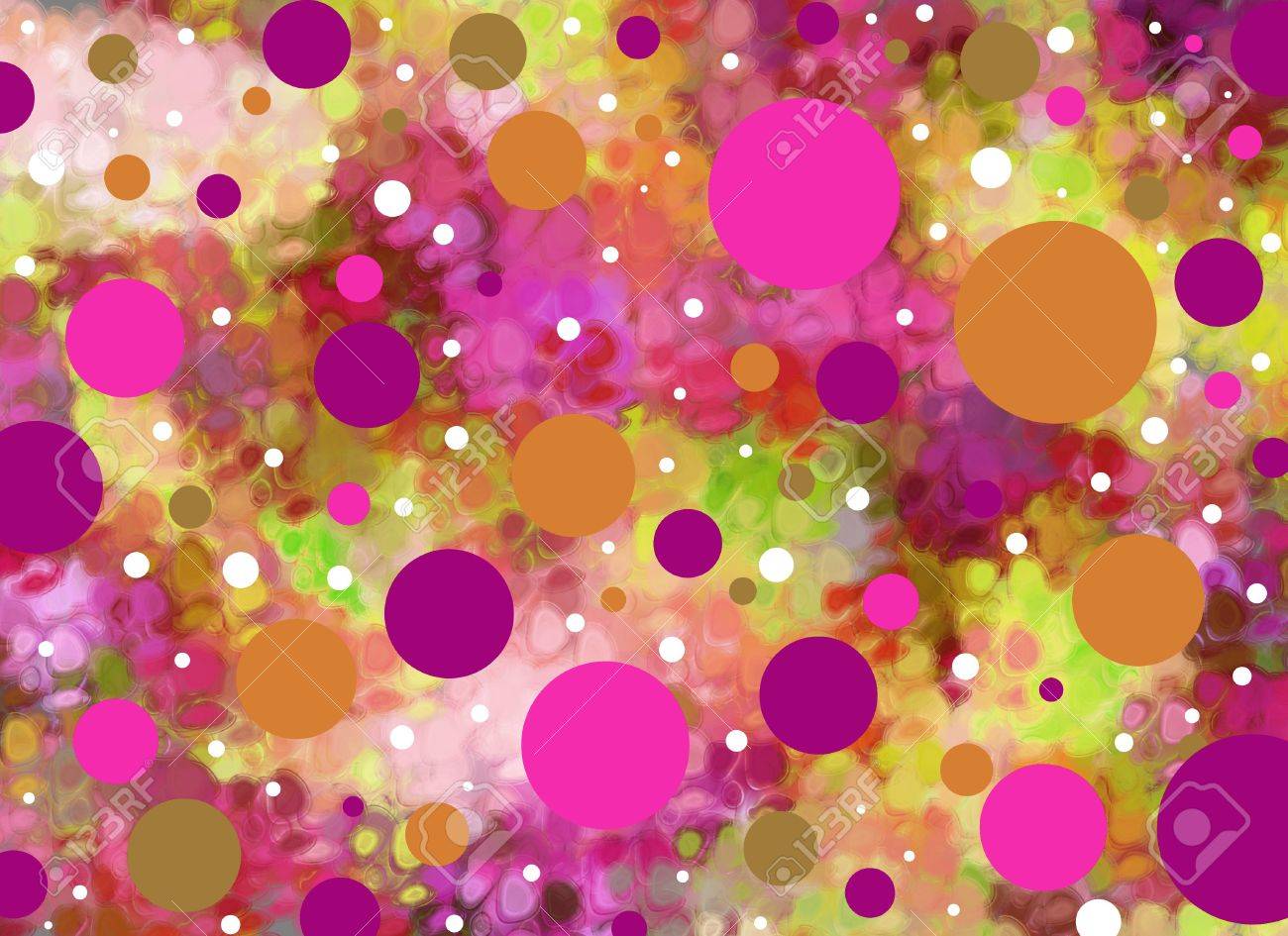 Background is smeared greens and aquas. Big and small polka dots in pinks and purples float across the surface. - 15056402 Background is smeared greens and aquas. Big and small polka dots in pinks and purples float across the surface. - 15056402