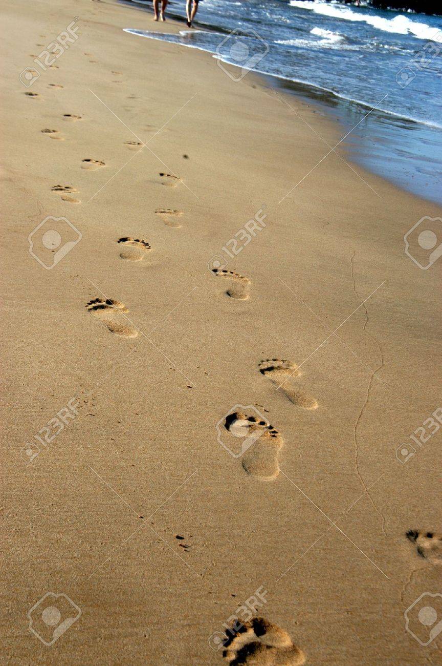Footprints form disappearing path as couple walk along a beach on the island of Kauai, Hawaii. - 16318266 Footprints form disappearing path as couple walk along a beach on the island of Kauai, Hawaii. - 16318266