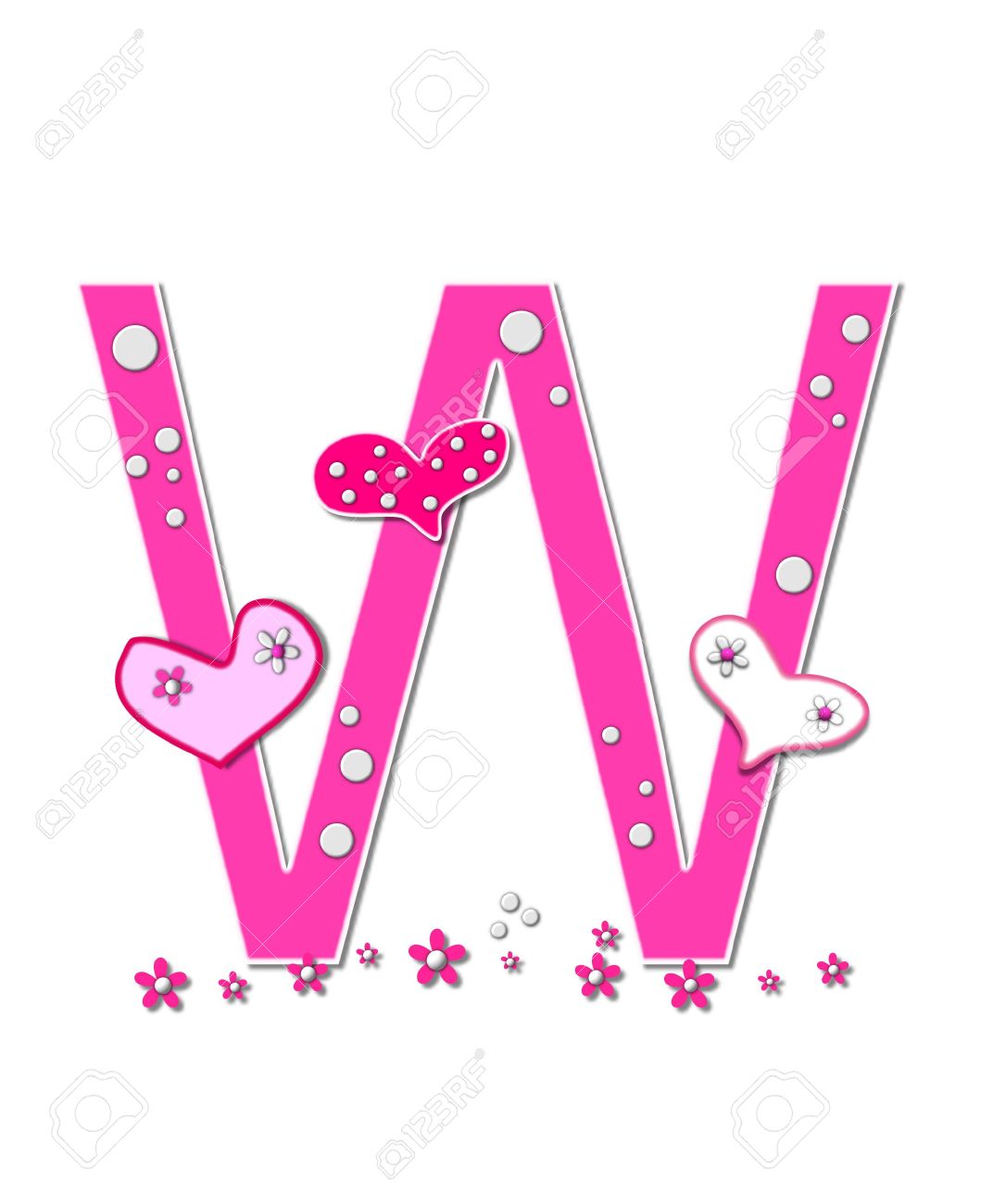 Der Buchstabe W Im Alphabet Gesetzt Heartfull Ist Rosa Mit Weiss Umrandet Polka Dots Und Herzen Verzieren Brief Mit Einer Reihe Von Rosa Bluten An Der Unterseite Lizenzfreie Fotos Bilder Und Stock