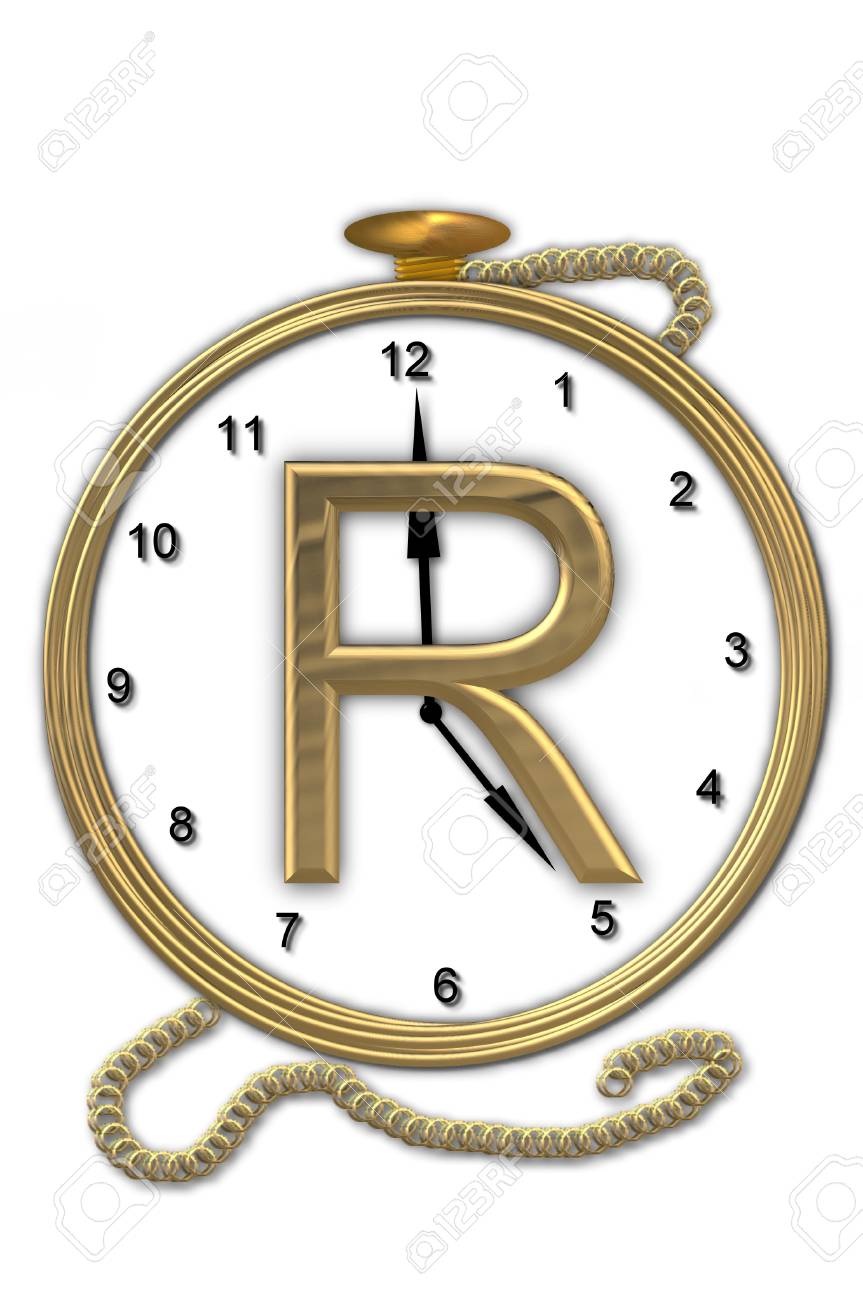 アルファベット R アルファベットから設定時計は金の顔の上に座っての手紙を持っている懐中時計時計 文字はゴールド 背景は白 の写真素材 画像素材 Image
