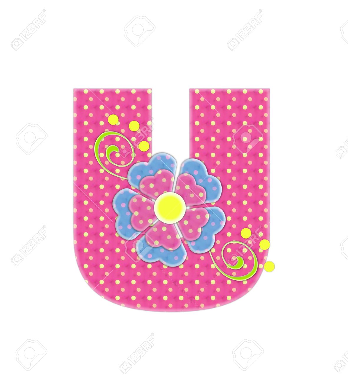 La Lettera U In Alfabeto Set Bonita è Rosa Con Pois Gialli Di Coordinamento In Due Colori Fiori Decorano Ogni Lettera