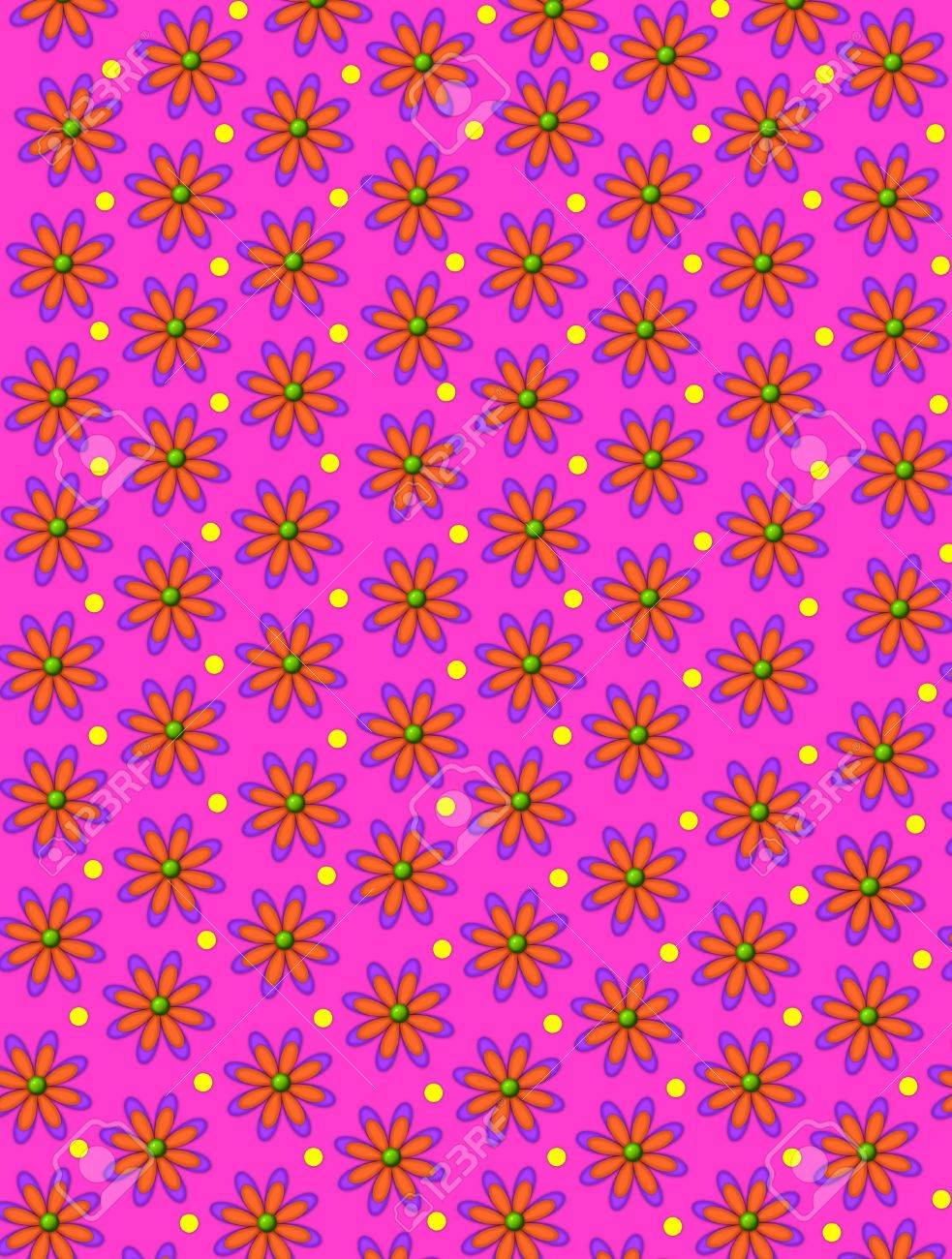 Bright Fond Rose Est Décoré Avec Des Fleurs En Forme De Marguerite Avec Des Centres Verts Pois Jaunes Assis Entre Les Fleurs