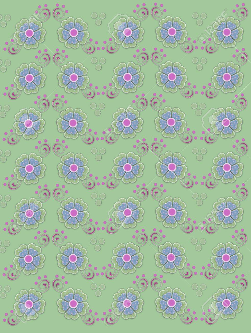黙した緑の背景は ポルカドット グリーンとブルーの花で飾られています ピンク渦巻きとドット花の縁を飾る の写真素材 画像素材 Image
