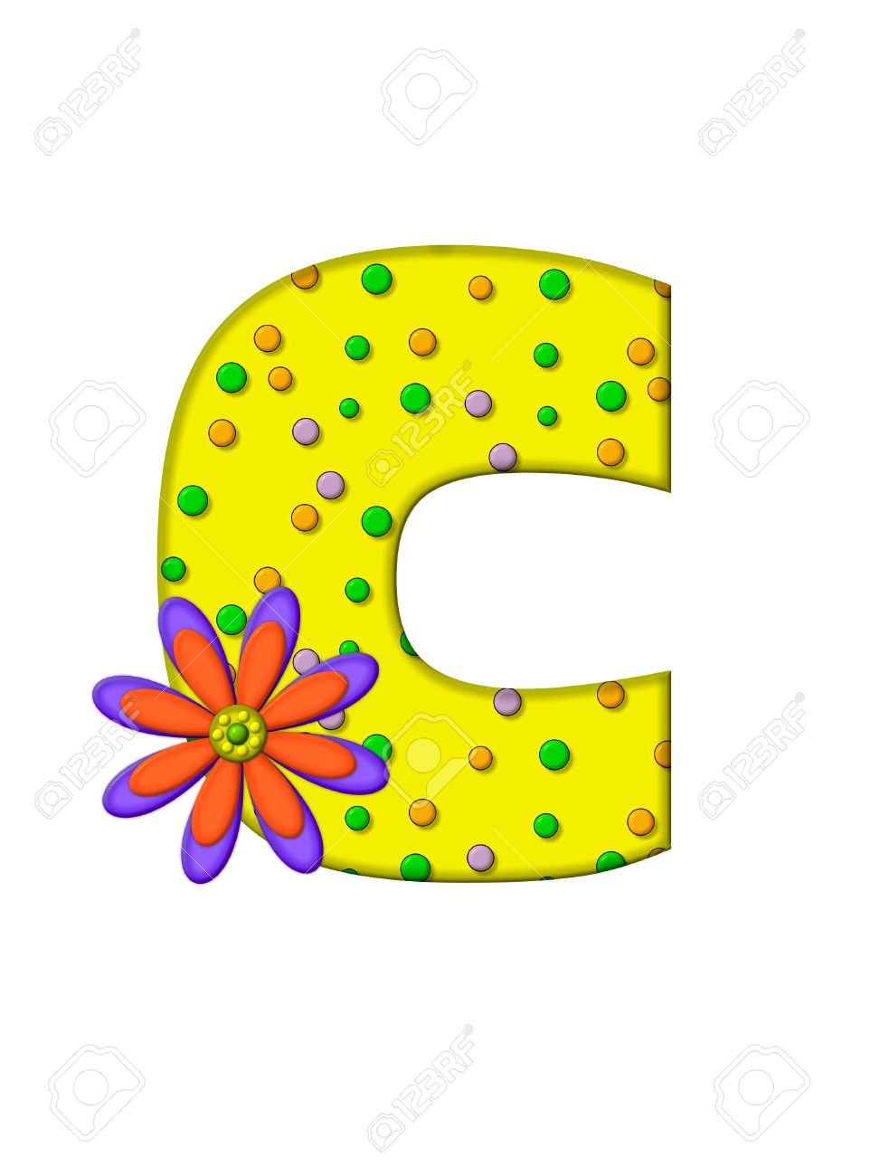 La Letra C En El Alfabeto Creado Zany Dots Es De Color Amarillo Con Los Círculos Multicolores Que Cubren La Superficie De La Letra Gran Flor
