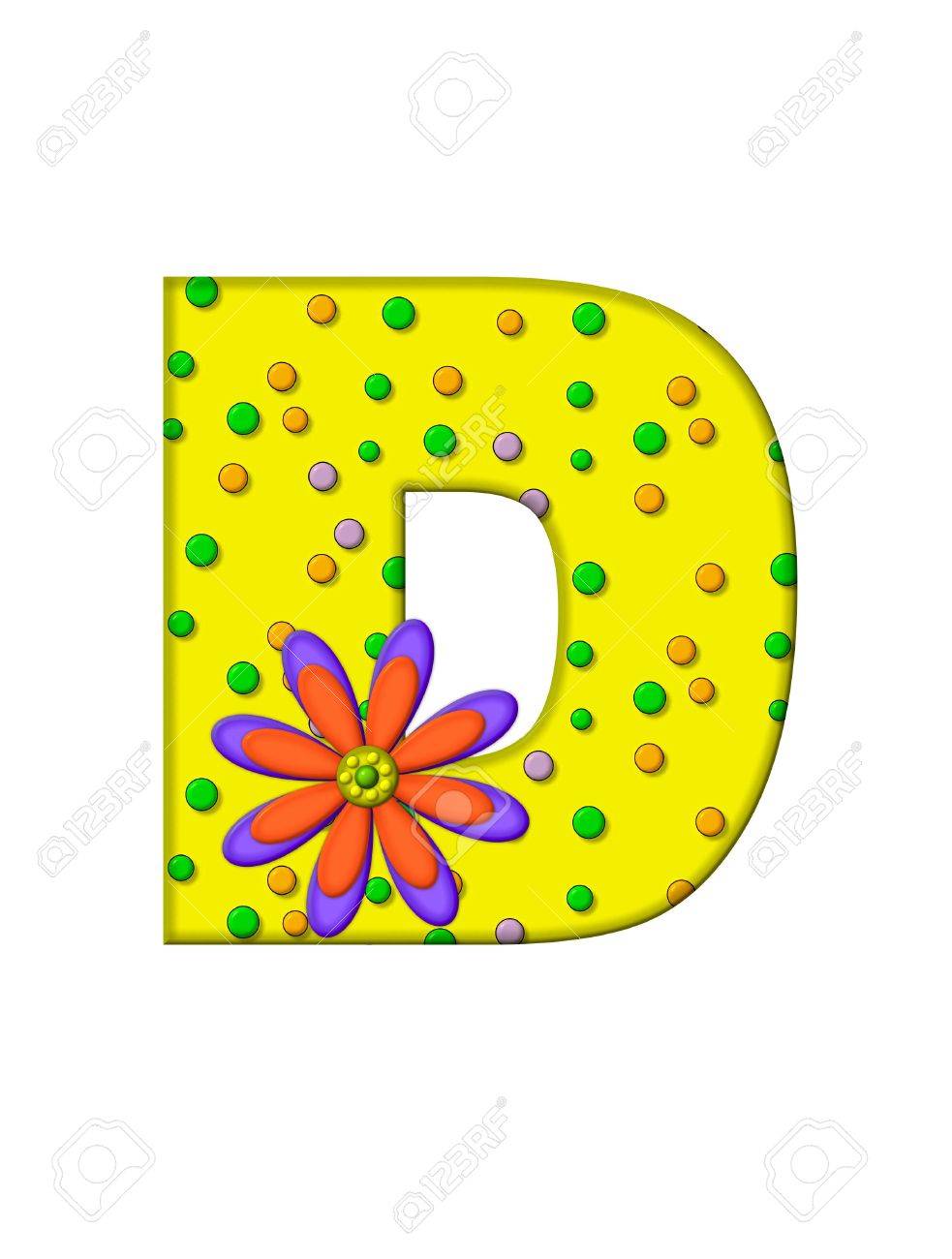 La Lettera D Nel Set Alfabeto Zany Dots è Di Colore Giallo Con Cerchi Multicolori Che Coprono La Superficie Della Lettera Grandi Fiori Viola E