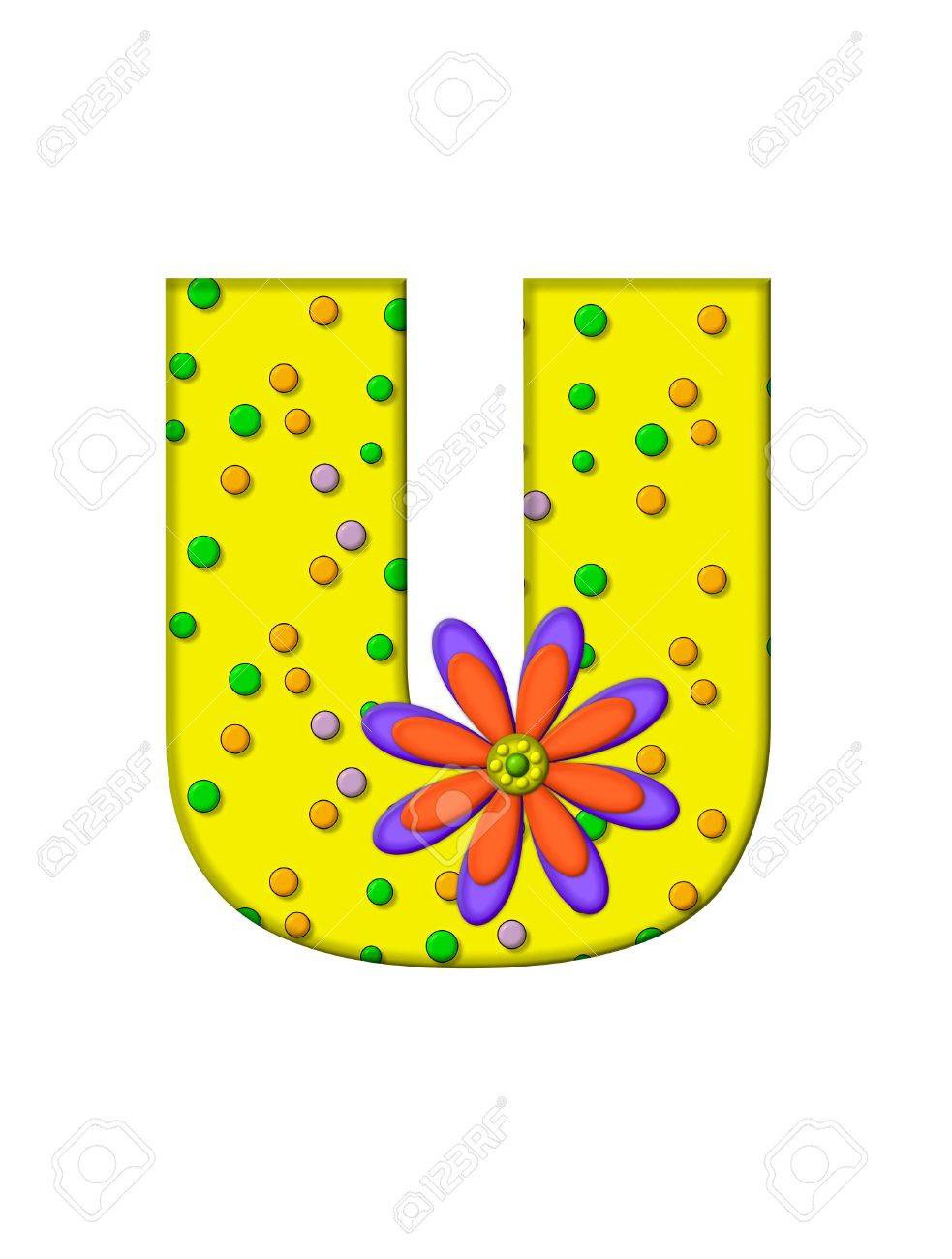 La Lettera U In Alfabeto Set Dots Zany è Di Colore Giallo Con Cerchi Multicolori Che Coprono La Superficie Della Lettera Grande Fiore Viola E