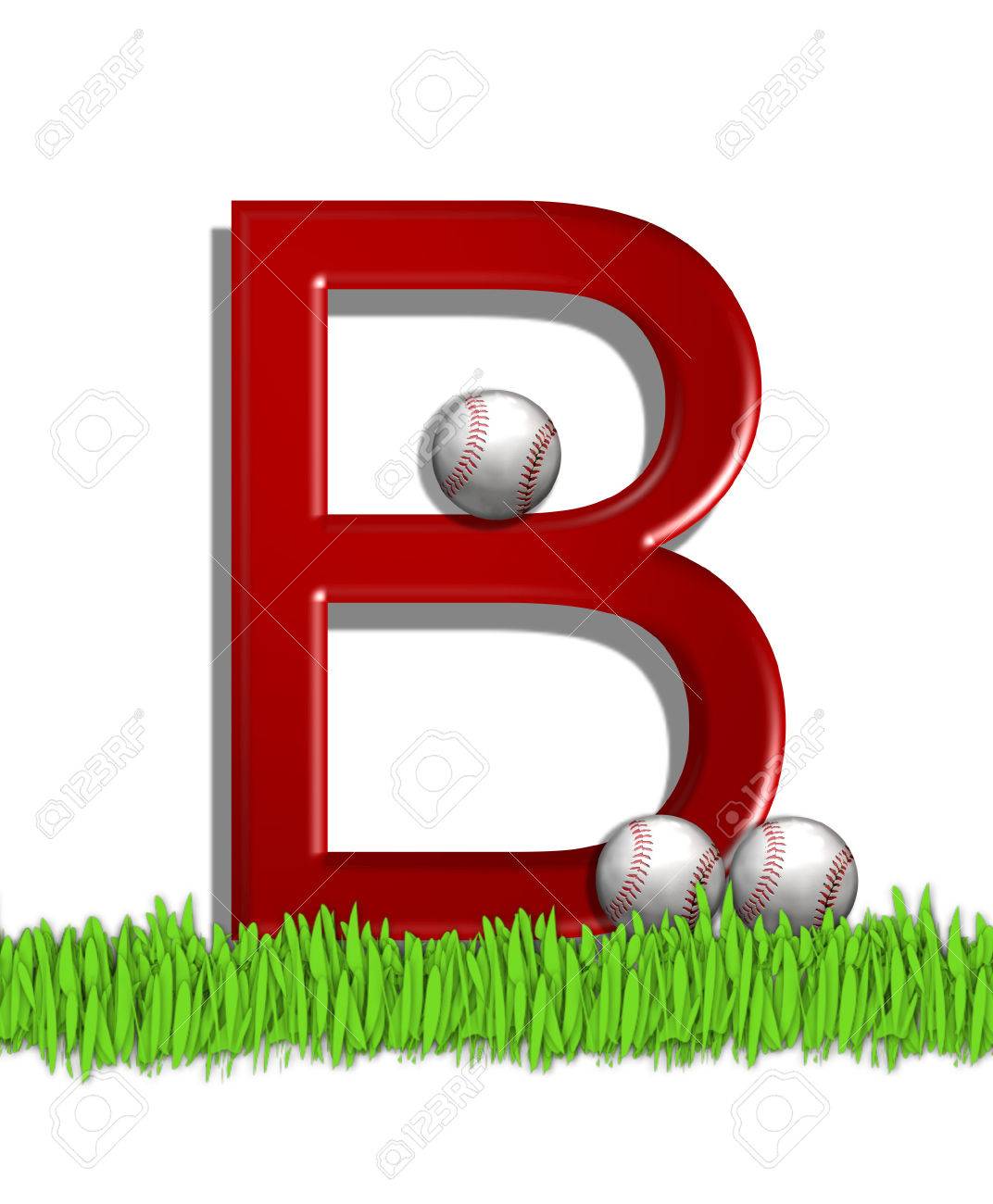 B アルファベットで 野球 を設定された文字は赤です 3 野球のボールは 3 D 文字を飾る すべては 緑の芝生のフィールドで座っています の写真素材 画像素材 Image