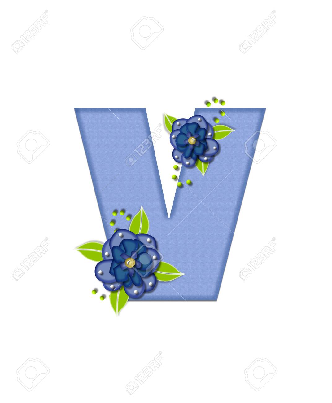La Lettera V In Alfabeto Impostare Viole Del Pensiero Blu è Di Colore Blu Ed è Decorata Con Viole Del Pensiero Blu E Foglie Verdi