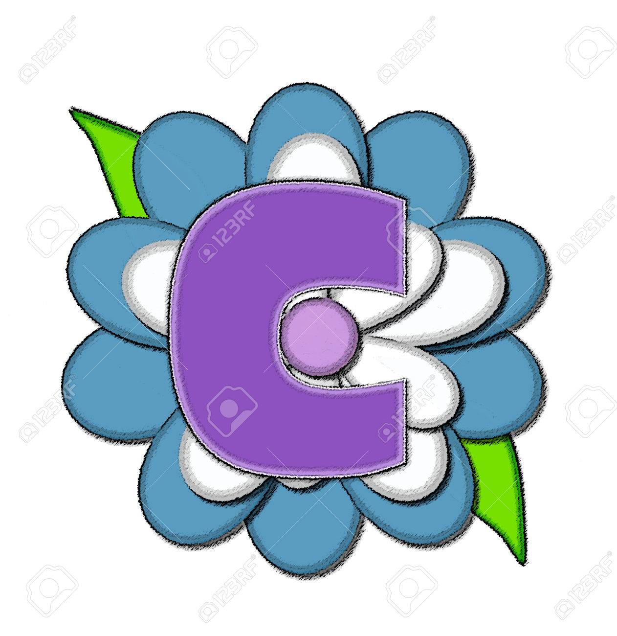La Letra C En El Conjunto De Alfabeto Pin De La Flor Azul Es De Color Púrpura Con El Esquema Blanco Suave Carta Sienta En La Flor Grande Azul Y