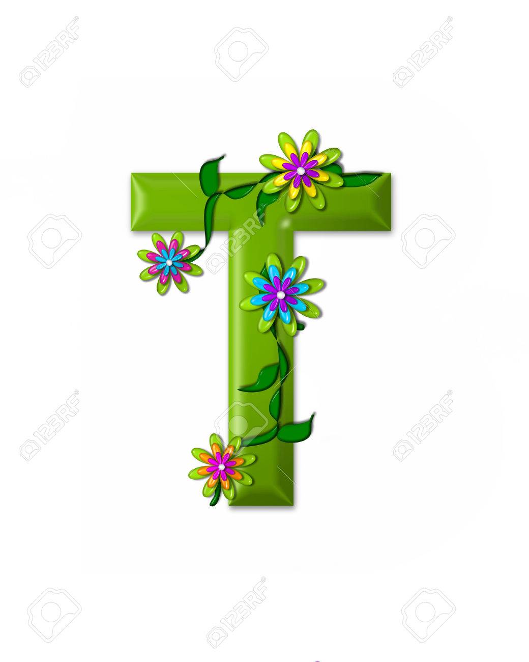 La Letra T En El Conjunto De Alfabeto De Maravillas Es 3d Y De Color Verde Carta Está Decorado Con Flores Y Vides 3d