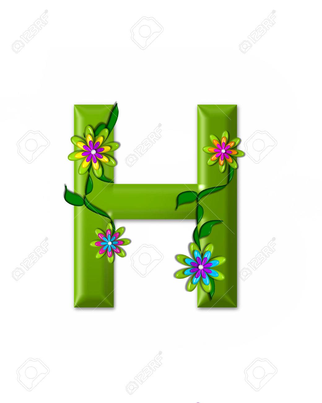 La Letra H En El Conjunto De Alfabeto De Maravillas Es 3d Y De Color Verde Carta Está Decorado Con Flores Y Vides 3d
