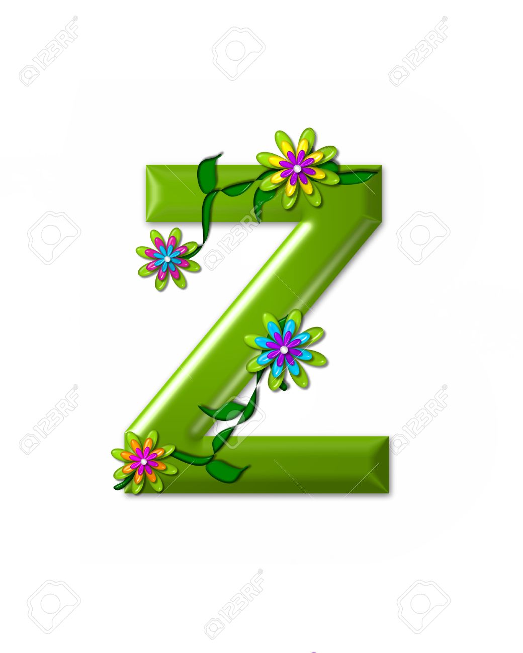 La Letra Z En El Conjunto De Alfabeto De Maravillas Es 3d Y De Color Verde Carta Está Decorado Con Flores Y Vides 3d