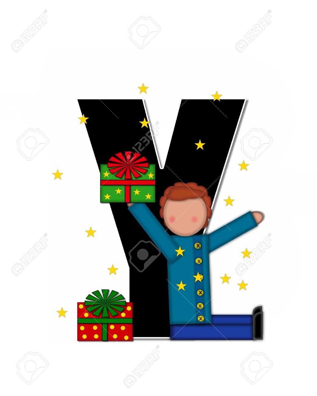 A Letra Y No Conjunto Do Alfabeto Children Christmas Gift E Preta E Cortada Com Branco A Crianca Prende O Presente E E Cercada Por Estrelas Douradas Fotos Retratos Imagenes Y Fotografia