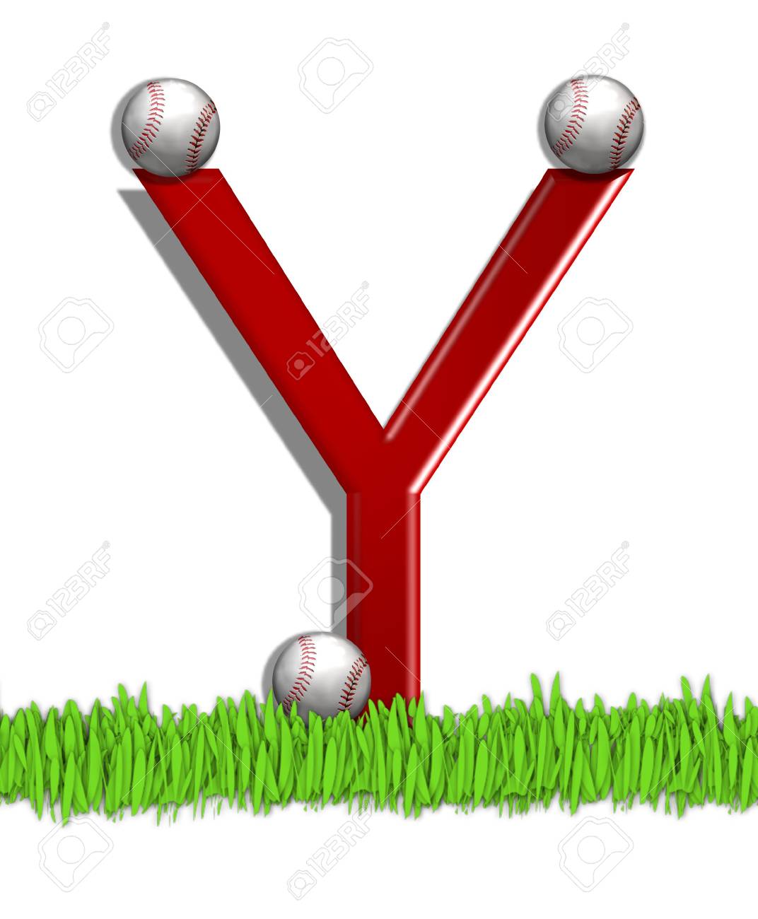 Y アルファベットで 野球 を設定された文字は赤です 3 野球のボールは 3 D 文字を飾る すべては 緑の芝生のフィールドで座っています の写真素材 画像素材 Image