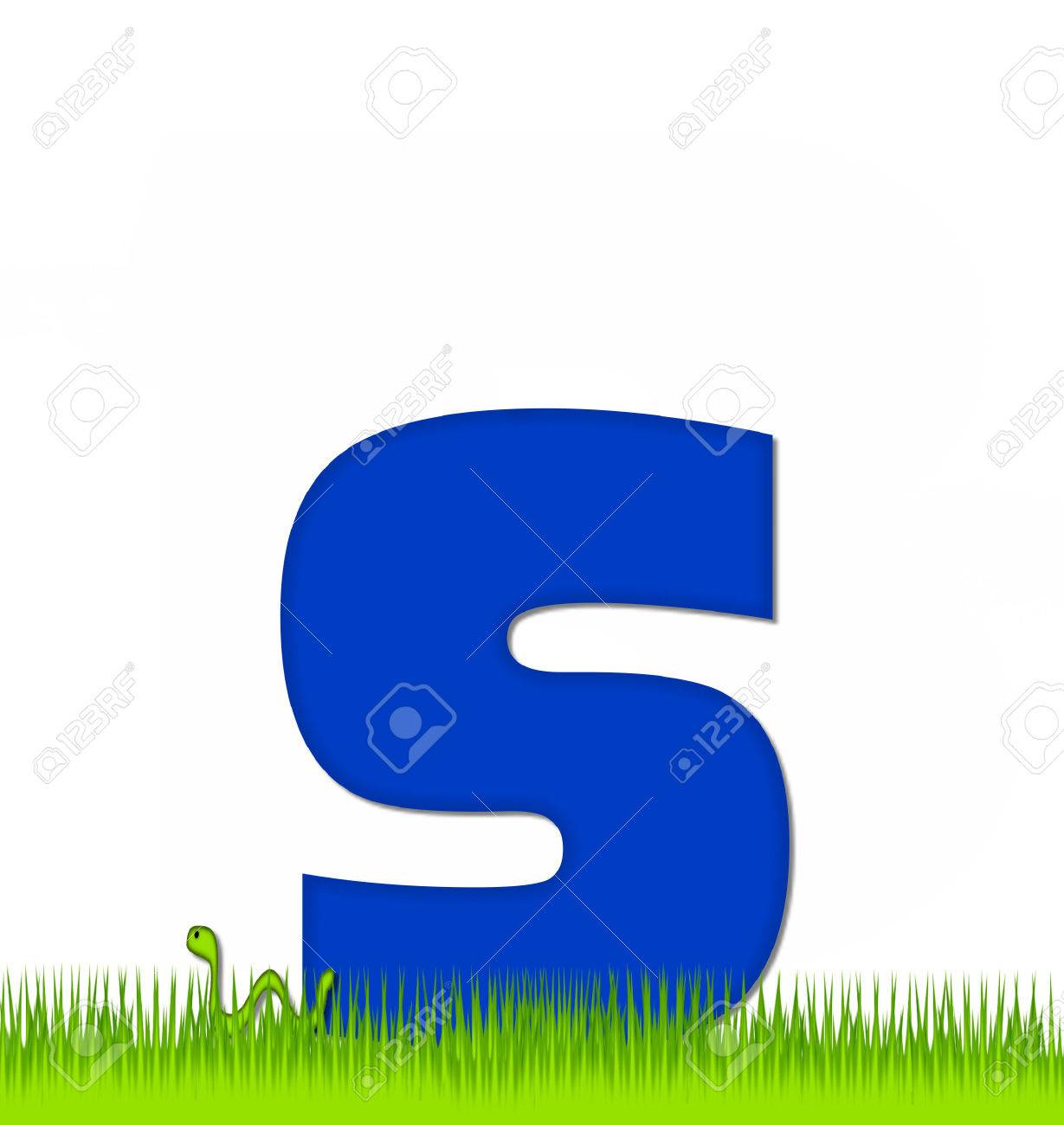 La Letra S En El Conjunto De Alfabeto Apple Al Día Carcomido Es De Color Azul Carta Está Sentado En La Hierba Verde Un Gusano Verde Se Arrastra