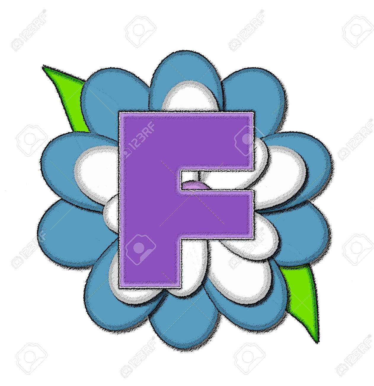 La Letra F En El Conjunto De Alfabeto Pin De La Flor Azul Es De Color Púrpura Con El Esquema Blanco Suave Carta Sienta En La Flor Grande Azul Y