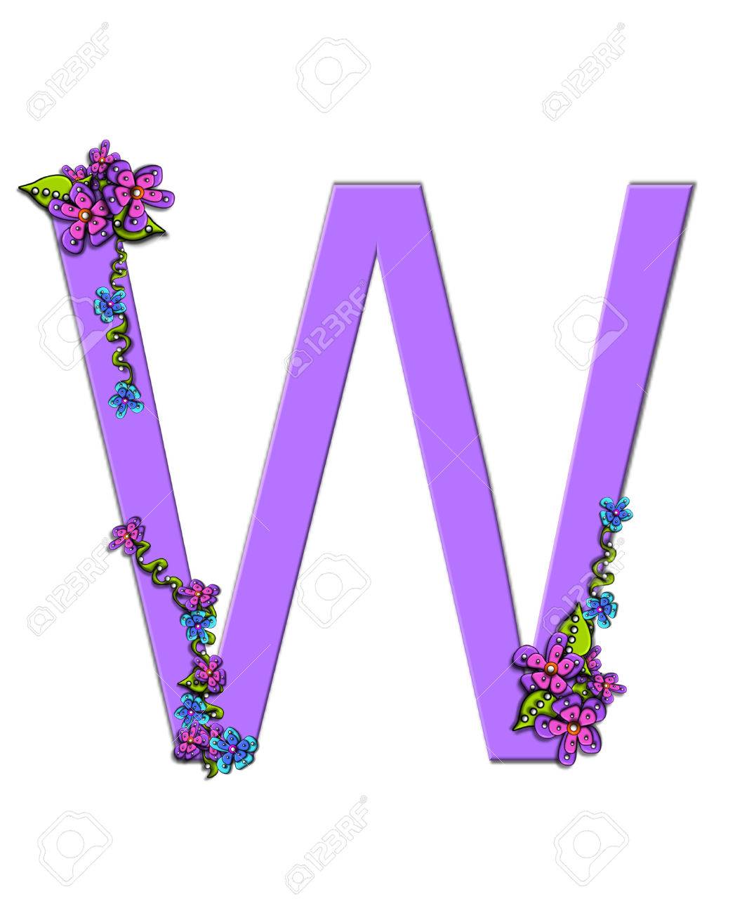 A Suave E Lilas Letra W No Alfabeto Burst Of Spring Lilac E Decorada Com Buques De Flores 3d Com Pontos Em Branco E Preto E Vinhas De Verde Fotos Retratos Imagenes