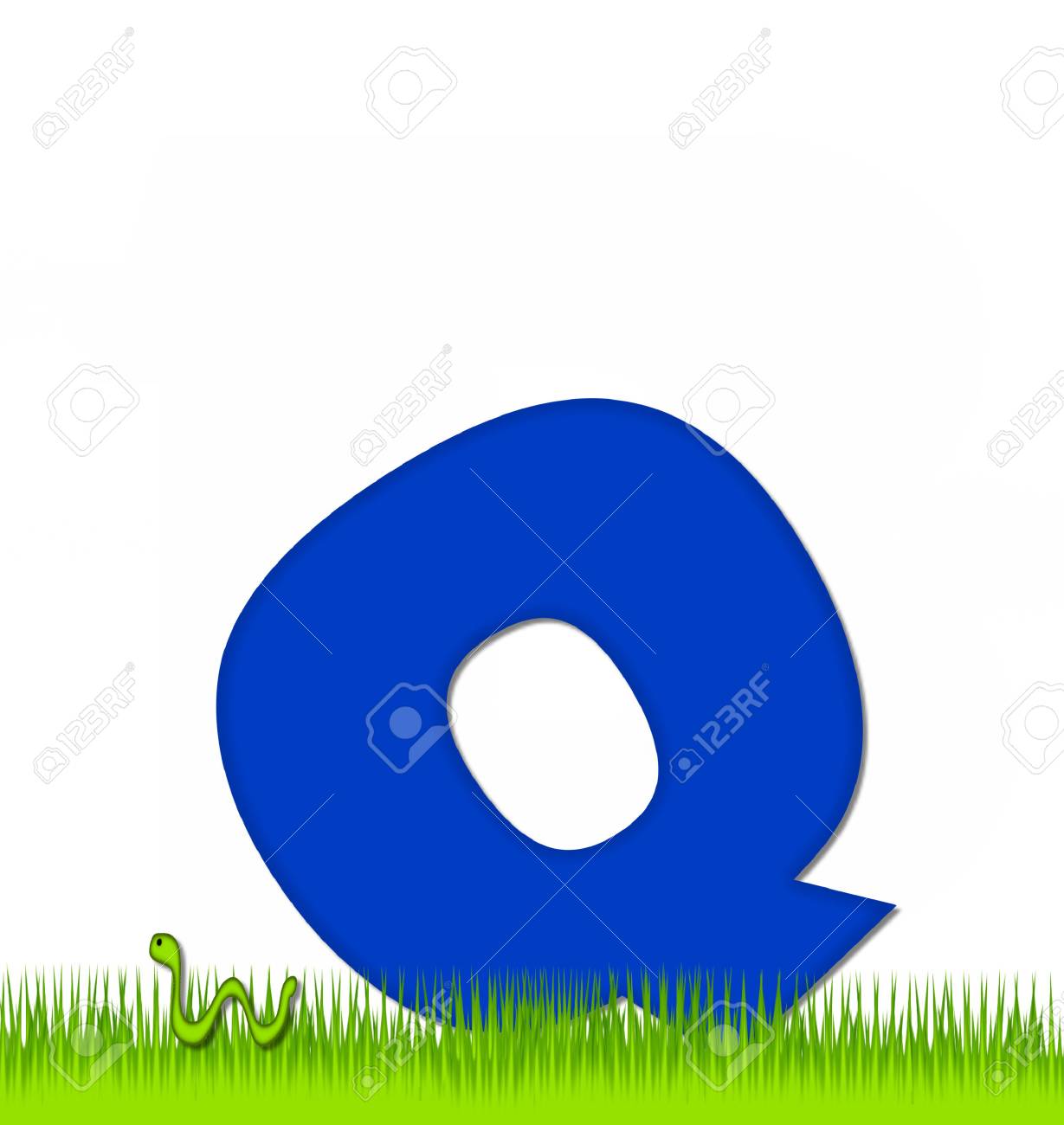 La Letra Q En El Conjunto De Alfabeto Apple Al Día Carcomido Es De Color Azul Carta Está Sentado En La Hierba Verde Un Gusano Verde Se Arrastra
