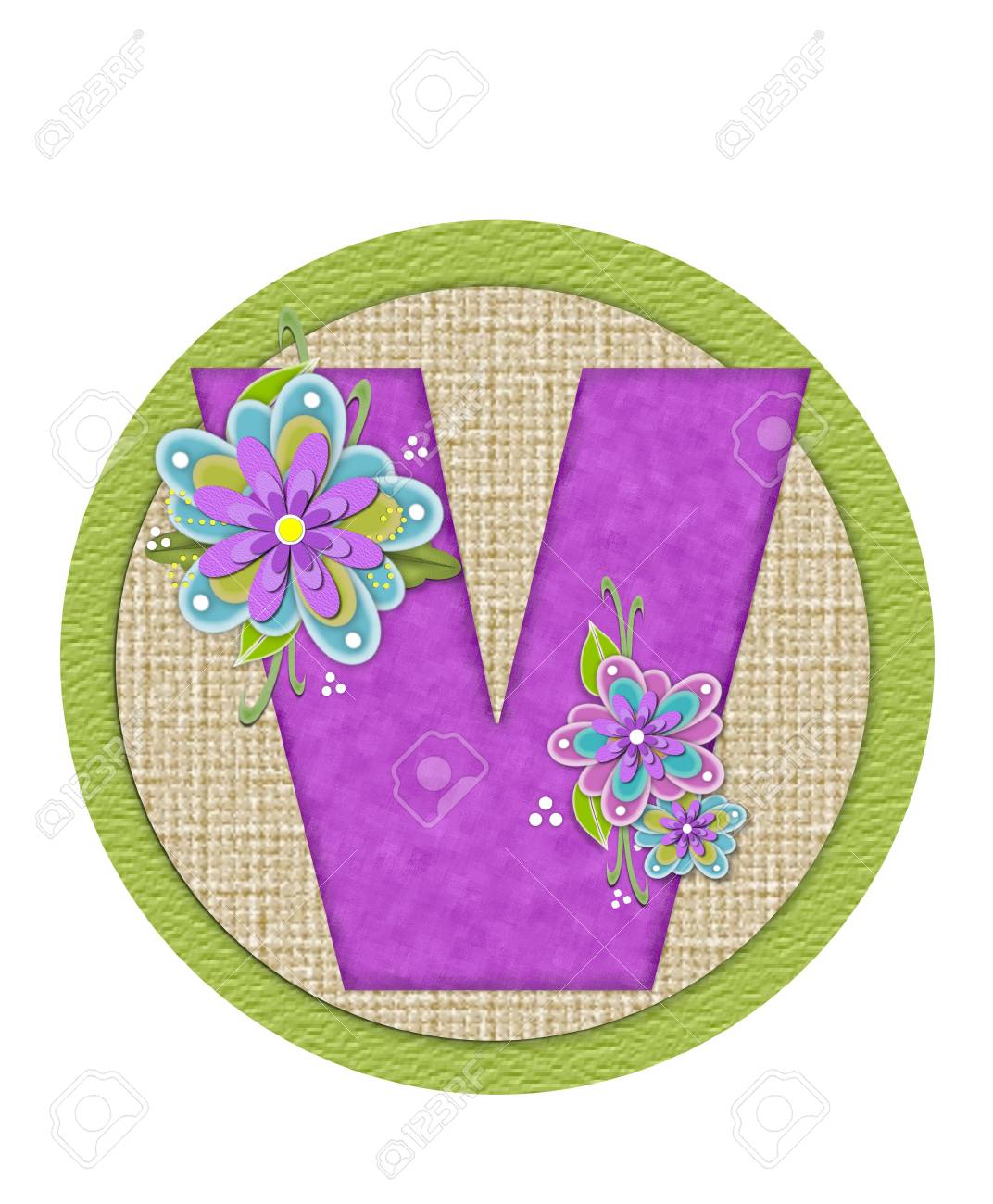 La Lettera V Nel Set Di Alfabeto Backyard Profumo è Lilla E Decorato Con Fiori A Strati Di Colore Blu E Lilla Cerchio Di Sfondo Ha Tessuto La