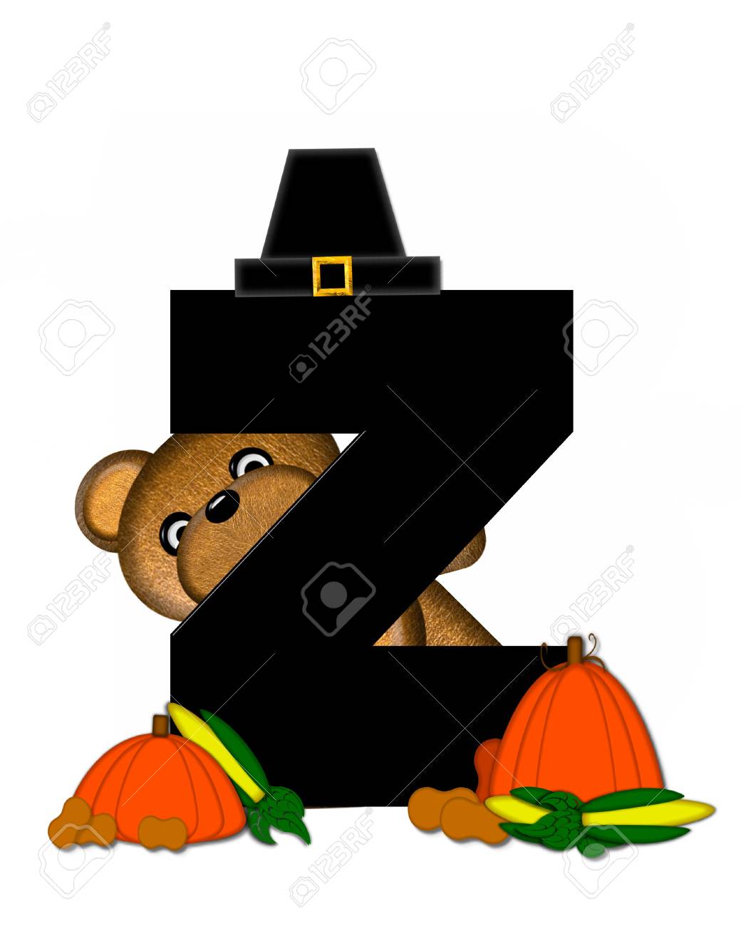 La Lettera Z Nel Set Di Alfabeto Teddy Ringraziamento è Di Colore Nero E Decorato Con Un Simpatico Orsacchiotto Marrone Che Porta Il Cappello