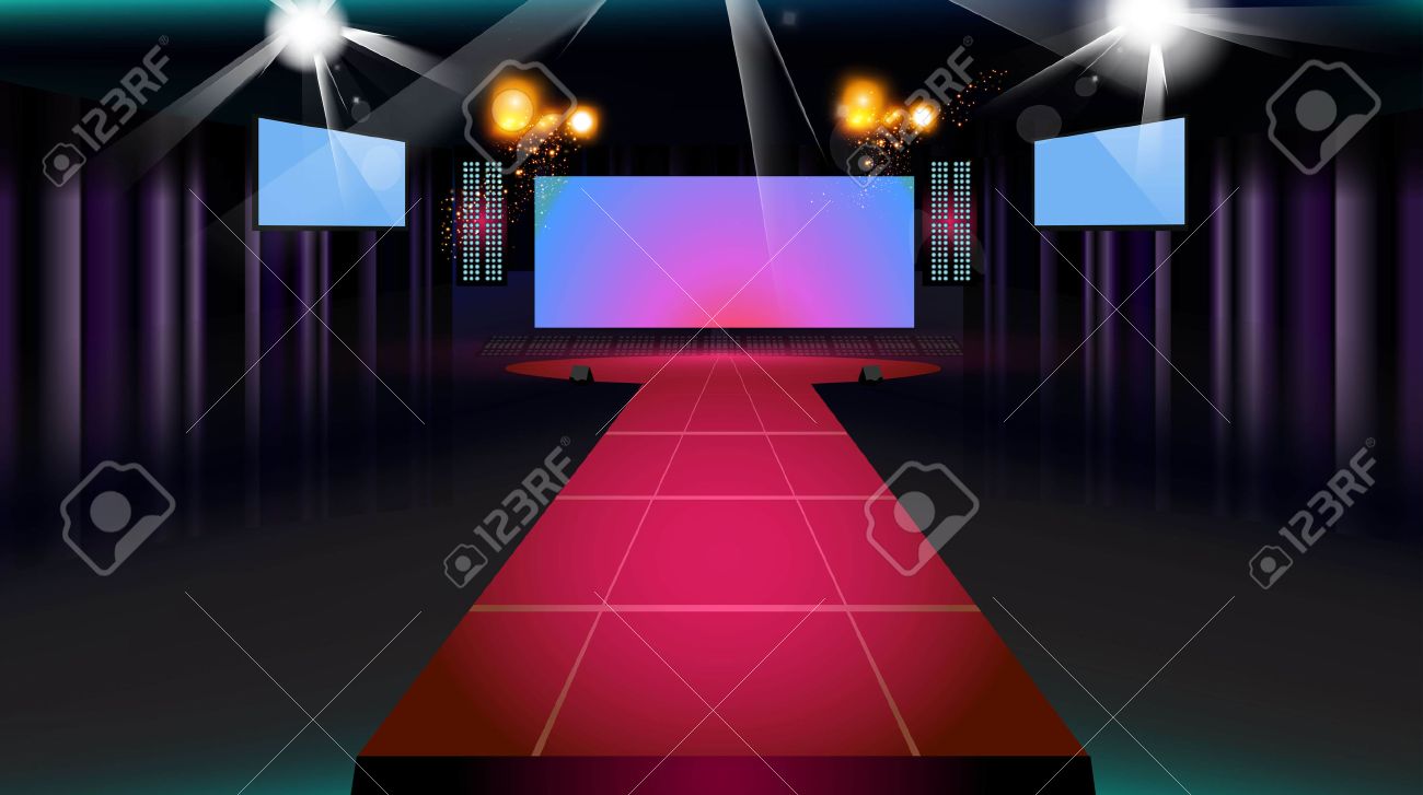 ステージと紫色のカーテン スクリーン スポット ライトと滑走路 ベクトルの背景 のイラスト素材 ベクタ Image