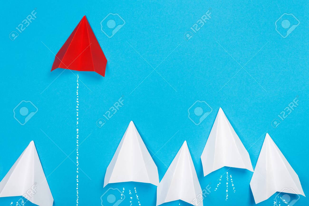 Red paper plane are different from others on blue background. Think different. Business for innovative, solution concepts - 131916695 Red paper plane are different from others on blue background. Think different. Business for innovative, solution concepts - 131916695
