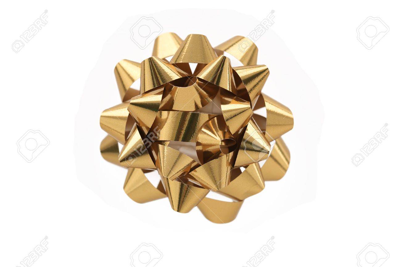 a horizontal color photo of a gold gift wrap bow isolated over