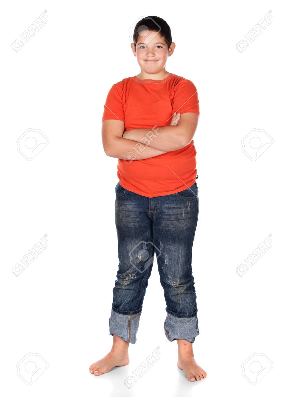 orange shirt and blue jeans