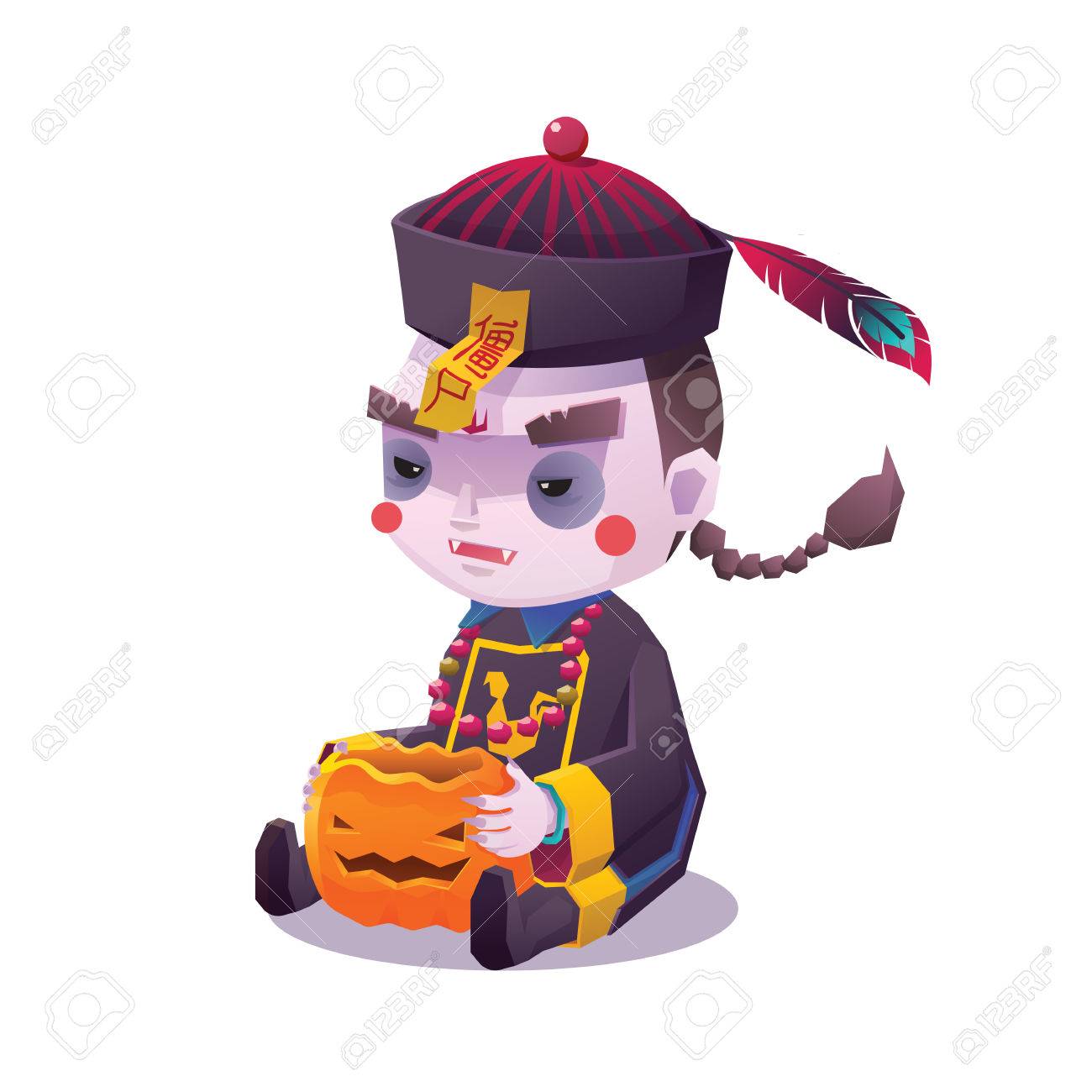 Vector Illustration Of Jiangshi Chinese Hopping Vampire Ghost With Pumpkin For Halloween On White Background Cute Character Royalty Free Cliparts Vectors And Stock Illustration Image