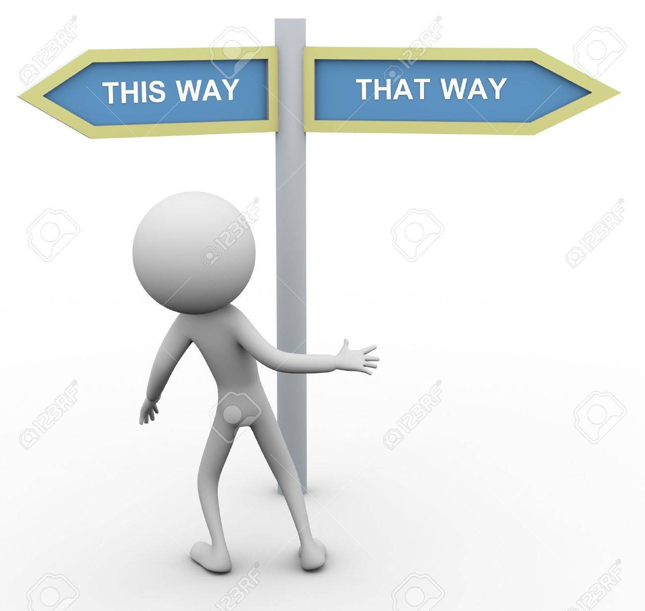 3d confused man doubt about choosing correct way stock photo