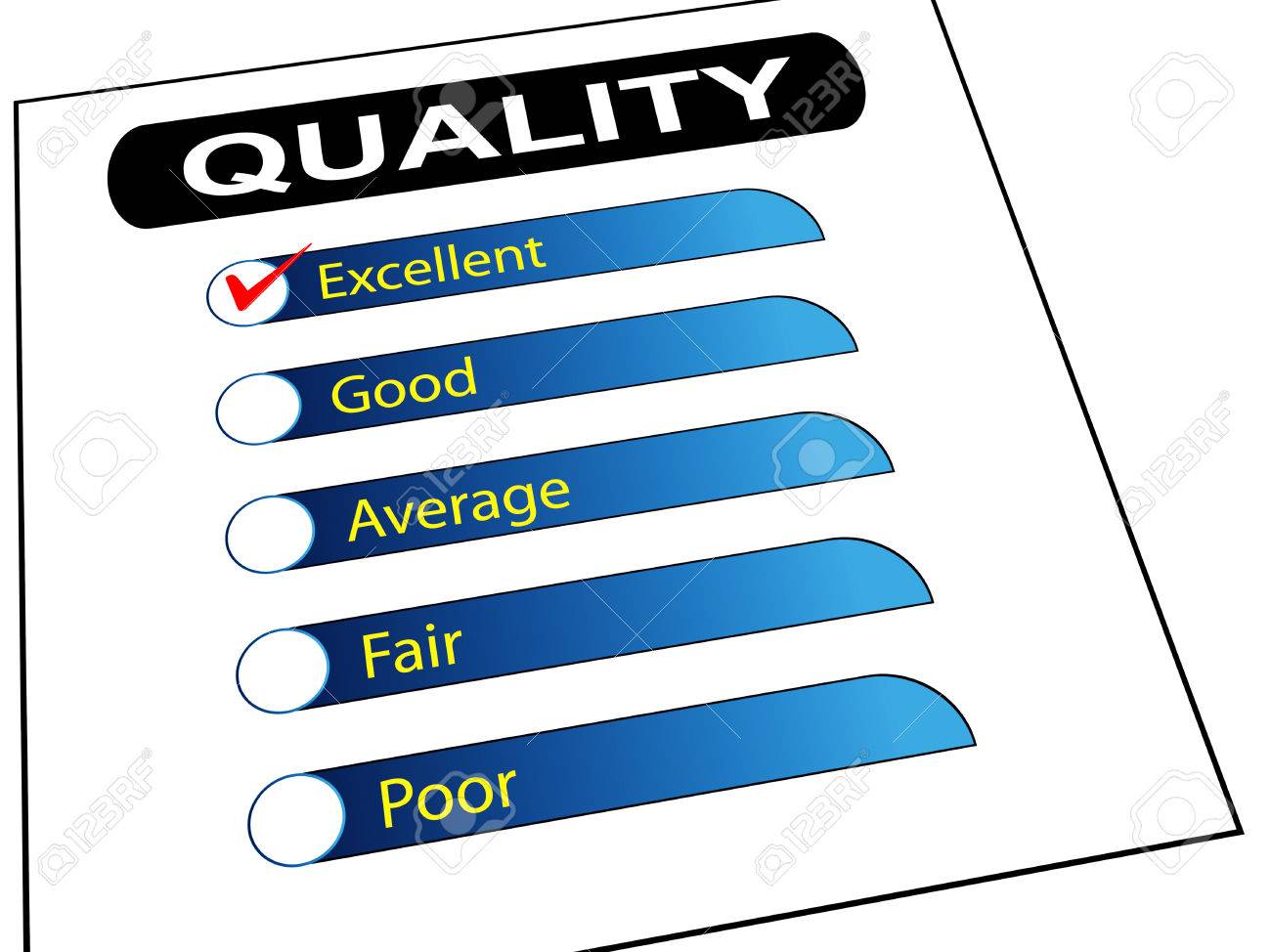 3d illustration of quality survey form check list with tick mark quality survey