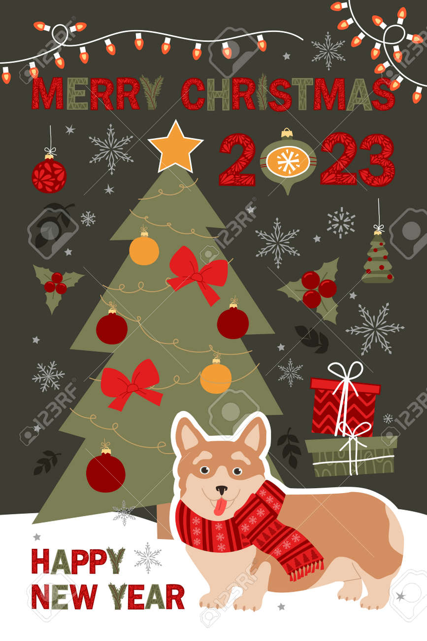 メリークリスマスとハッピーニューイヤーカードと、さまざまな冬の要素  