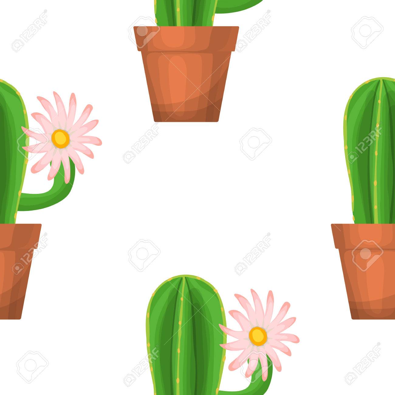 ポット シームレス花柄のサボテン ベクトルの白い花を持つ多肉質の植物 緑の庭の背景 漫画のスタイルの観葉植物と夏自然図のイラスト素材 ベクタ Image
