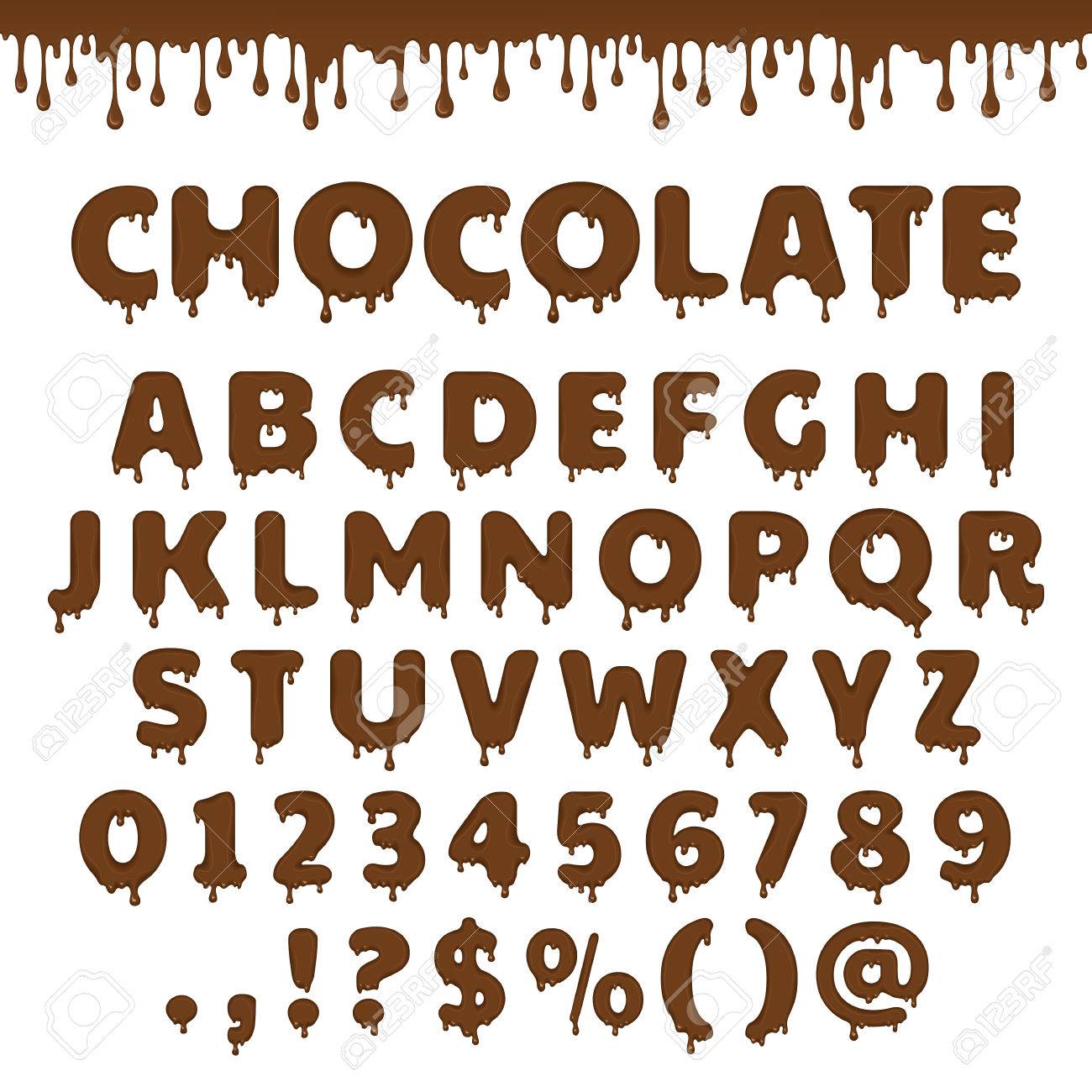 暗いチョコレートのラテン語アルファベット Abc 流れと茶色の溶融ドロップ チョコレートまたは液体でベクター フォントのタイプ 甘いお菓子やココア デザート パッケージ デザイン 数字および記号は 白で隔離 のイラスト素材 ベクタ Image
