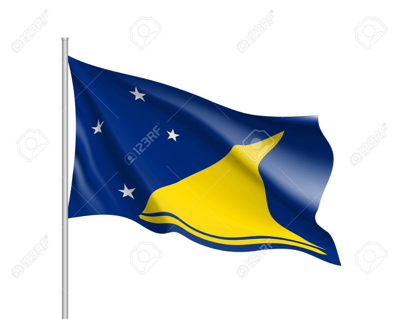 トケラウ諸島の旗を振る 旗柱にオセアニアの国旗のイラスト 白い背景に分離されたベクトル3dアイコン のイラスト素材 ベクタ Image