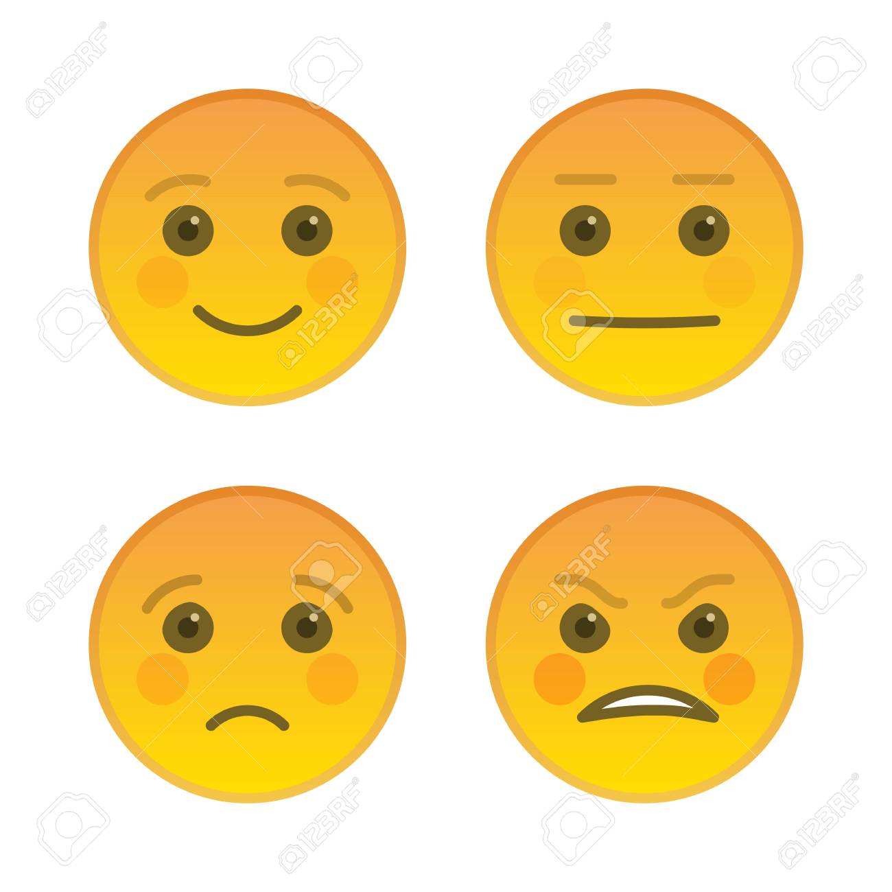 Sad And Joyful Emoticons Isolated On White Background. Angry Yellow Emoji  Symbol. Social Communication And Internet Chatting Vector Element.  Indifferent Smiley Face With Facial Expression Клипарты, SVG, векторы, и  Набор Иллюстраций Без
