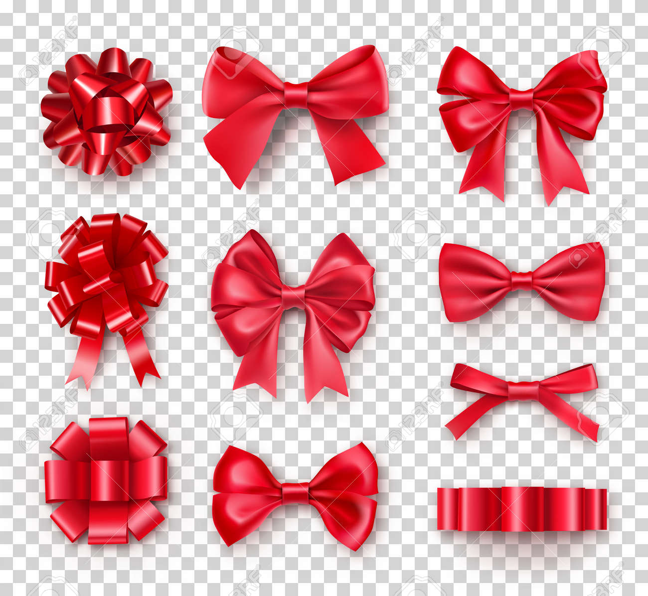 Romantic red gift bows with ribbons. Realistic decoration for holidays presents and cards. Elegant object from silk vector illustration. Chrismas or birthday decor isolated on transparent background - 123795832 Romantic red gift bows with ribbons. Realistic decoration for holidays presents and cards. Elegant object from silk vector illustration. Chrismas or birthday decor isolated on transparent background - 123795832