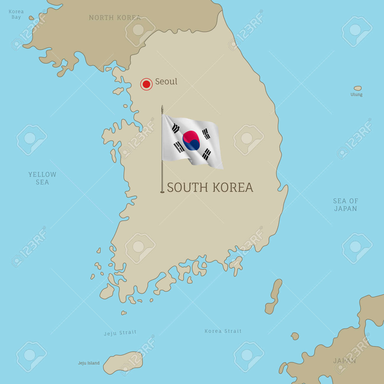highly-detailed-south-korean-map-with-flag-and-labelings-editable-gray-administrative-south-korea-map-with-region-borders-neighboring-countries-and-national-waving-flag-vector-illustration-royalty-free-svg-cliparts-vectors-and