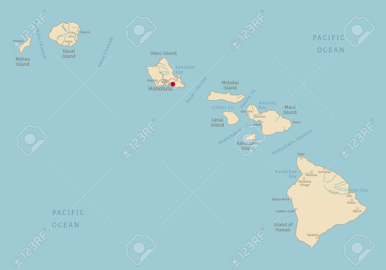 ハワイ、島のアメリカの州の非常に詳細な地図。領土の境界と郡を