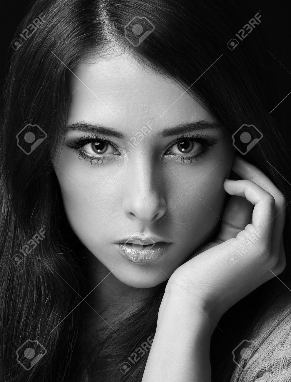 Sexy woman face closeup black and white portrait stock photo 24467381