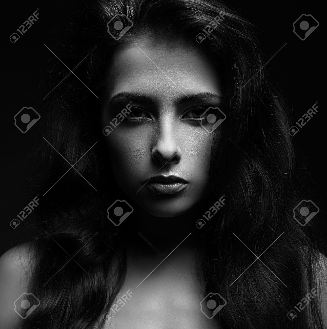 Beautiful woman face vogue portrait black and white stock photo 28649394