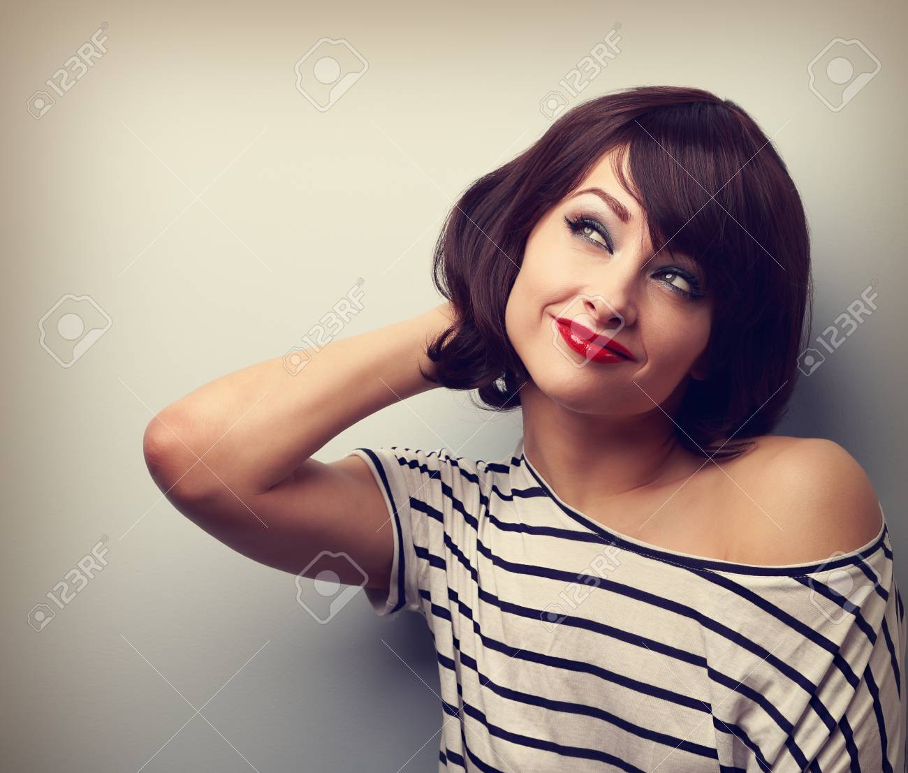 Beautiful Short Hair Style Thinking Woman Looking Up On Empty