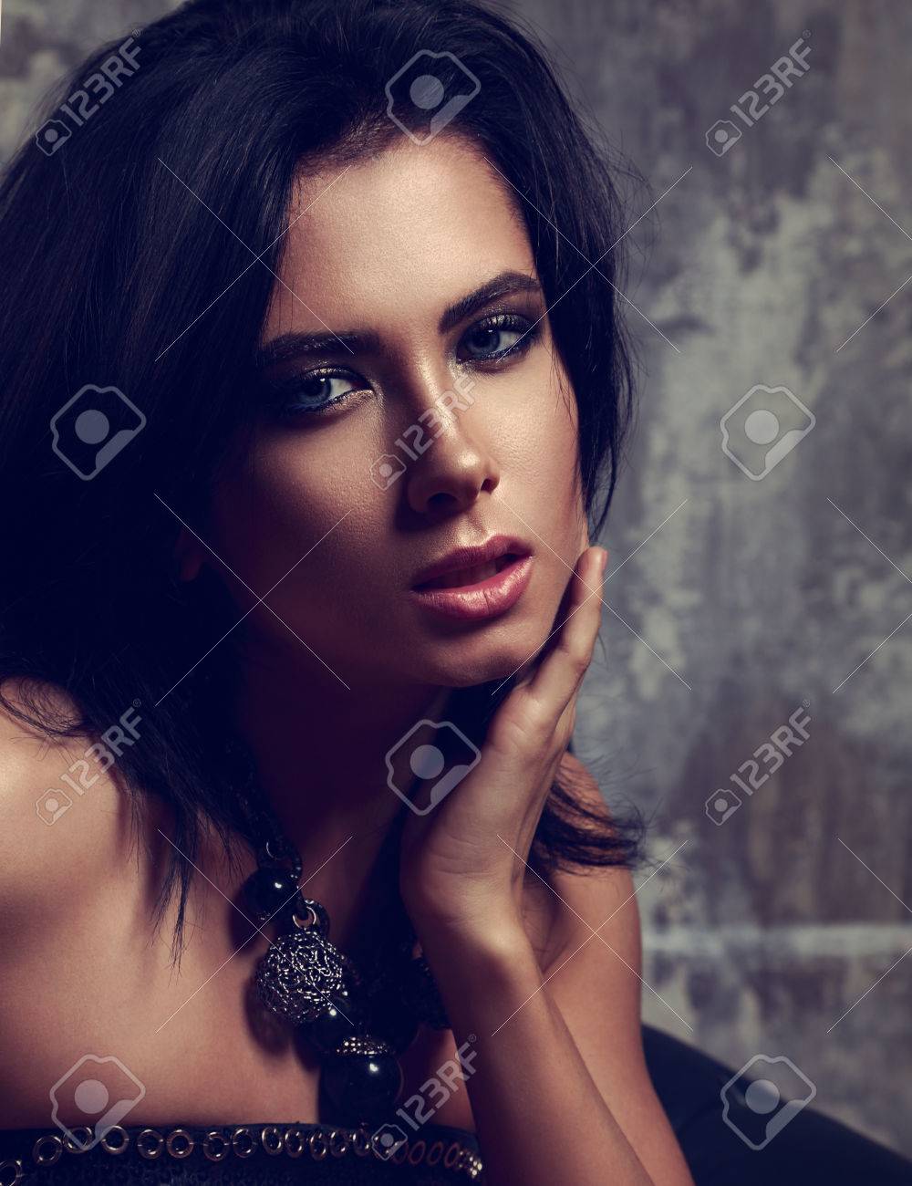 Beautiful Sexy Makeup Woman With Short Black Hair And Fashion