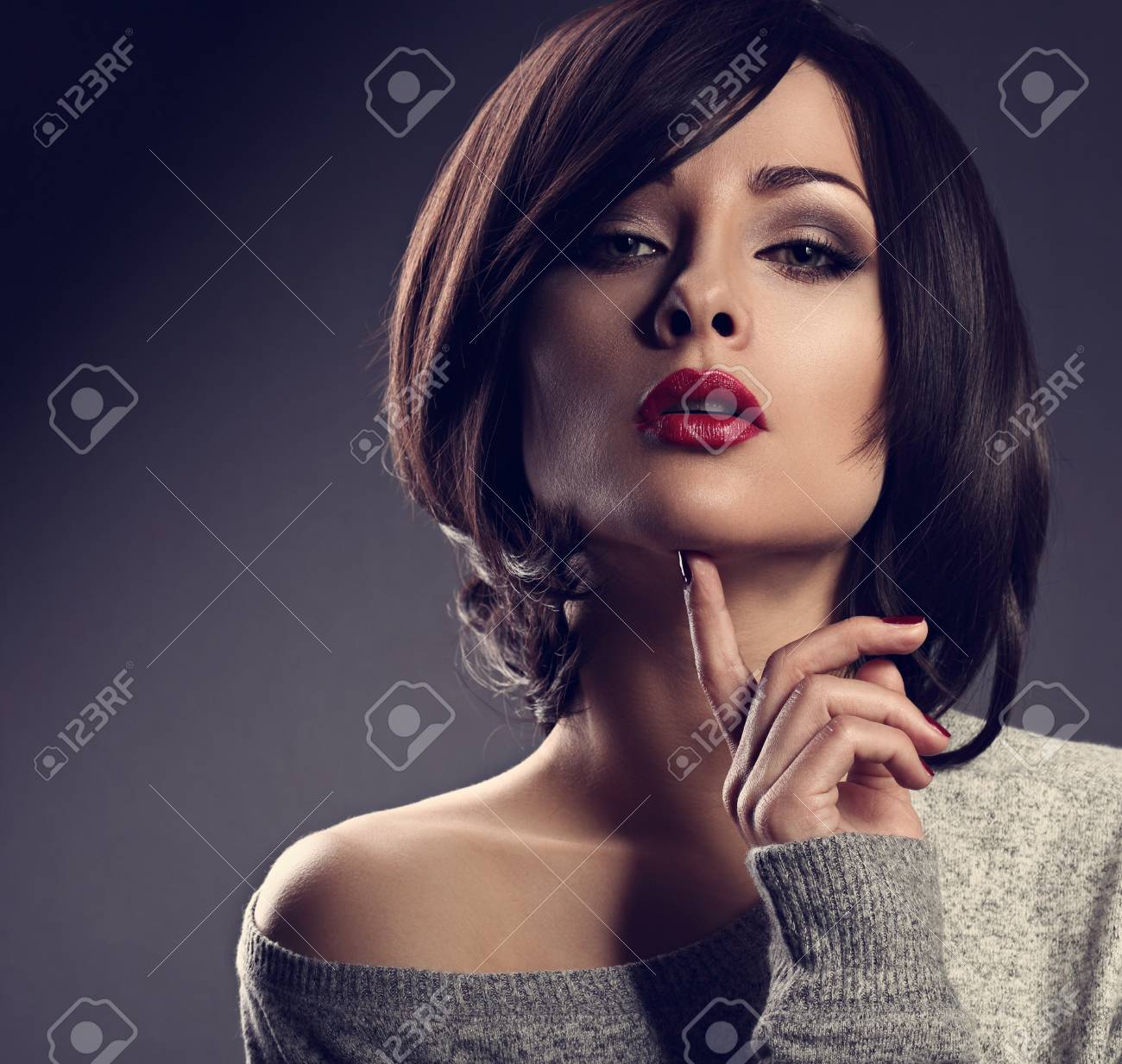 Sexy Beautiful Makeup Woman With Short Hair Style Red Lipstick