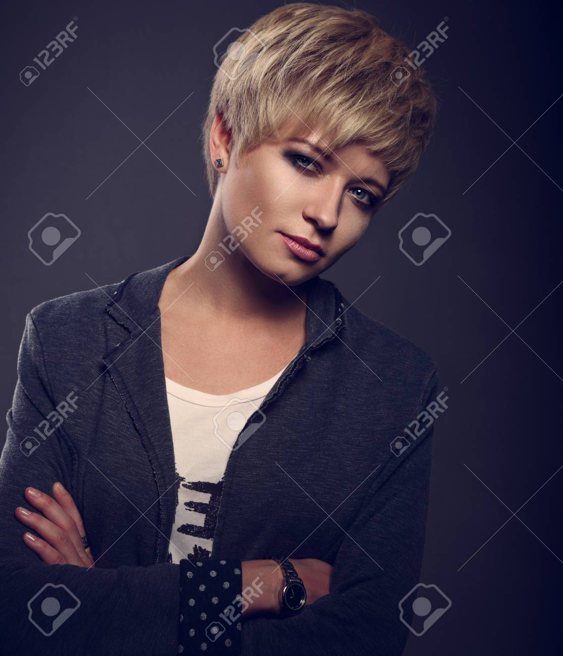 Beautiful Serious Business Woman With Short Bob Blond Hairstyle