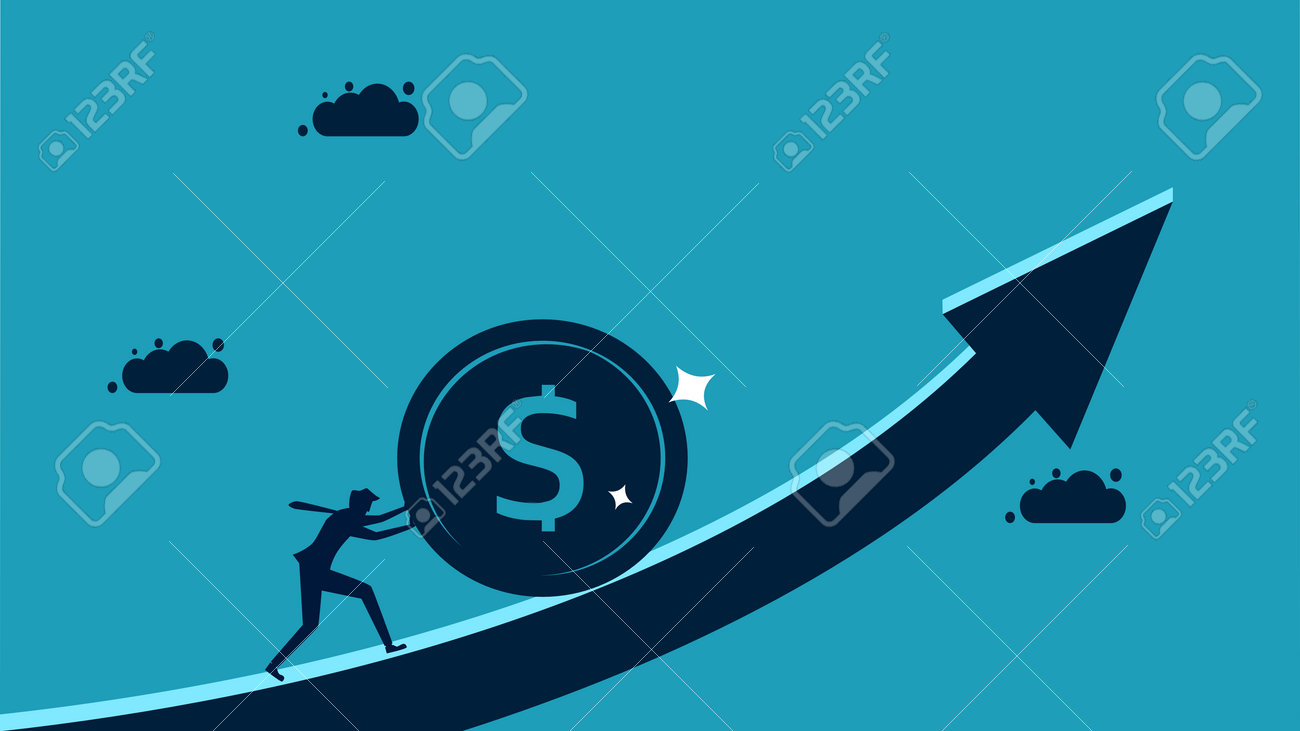 お金を成長させるよう努めます。矢にコインを押す実業家。ベクターイラストEPSのイラスト素材・ベクター Image 193684018