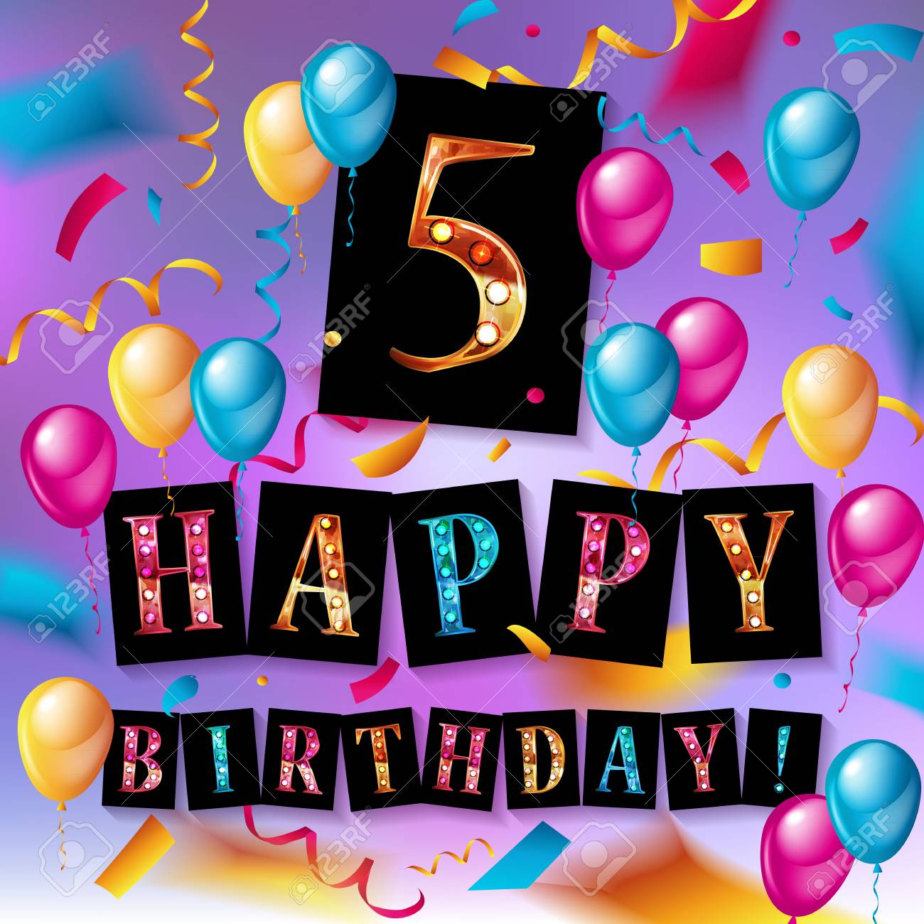 Vettoriale Vettore Variopinto Di Progettazione Della Cartolina D Auguri Di Celebrazione Di 5 Compleanno Fondo Del Manifesto Della Festa Di Compleanno Con Il Pallone Contenitore Di Regalo E Coriandoli Image