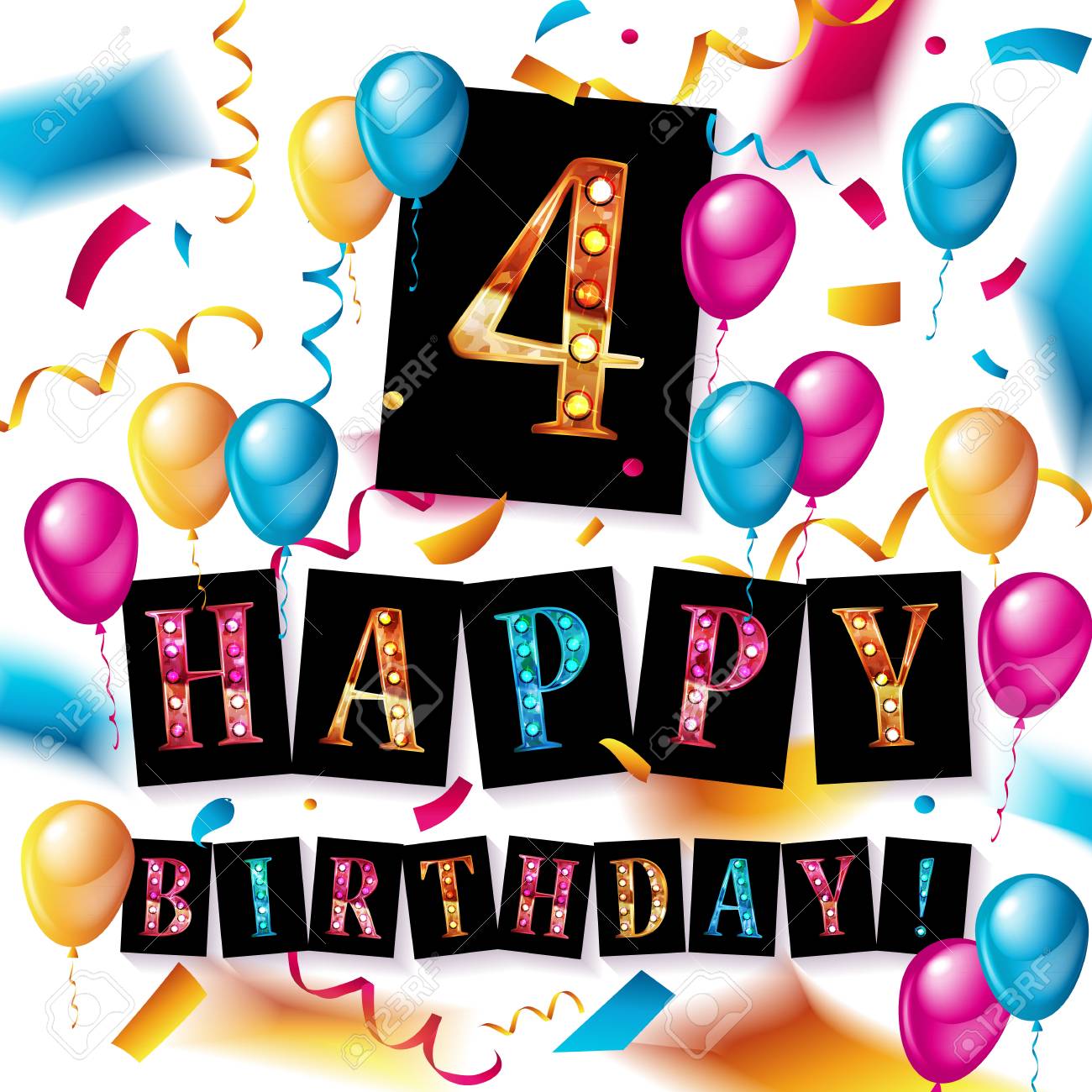 Celebration D Anniversaire De 4 Ans Conception De Carte D Anniversaire Ou De Carte De Voeux Avec Boite Cadeau Et Ballons Elements Vectoriels Colores Pour La Fete De Celebration De Quatre Ans D Anniversaire Clip Art