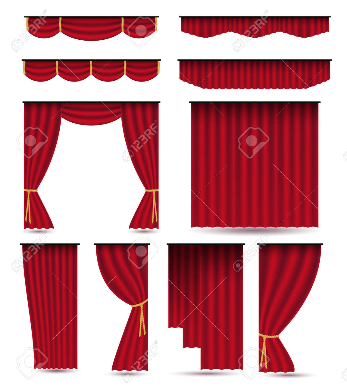 Set of red luxury silk velvet curtains and draperies.Realistic interior decoration design. Illustration isolated on white background.Raster version.Clipart - 152749412 Set of red luxury silk velvet curtains and draperies.Realistic interior decoration design. Illustration isolated on white background.Raster version.Clipart - 152749412